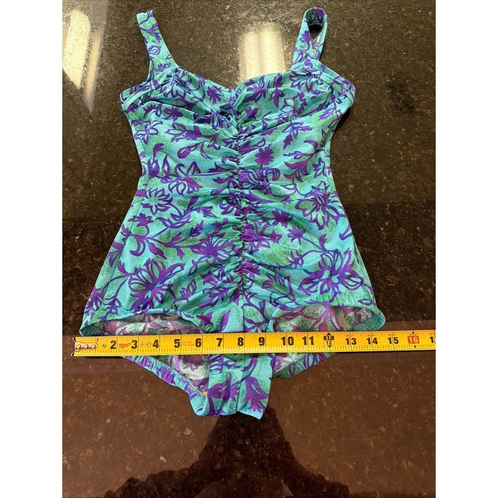Maxine Of Hollywood Swimsuit One Piece Ruched Slimming Sz 6/8 Blue Floral Modest - Picture 11 of 12